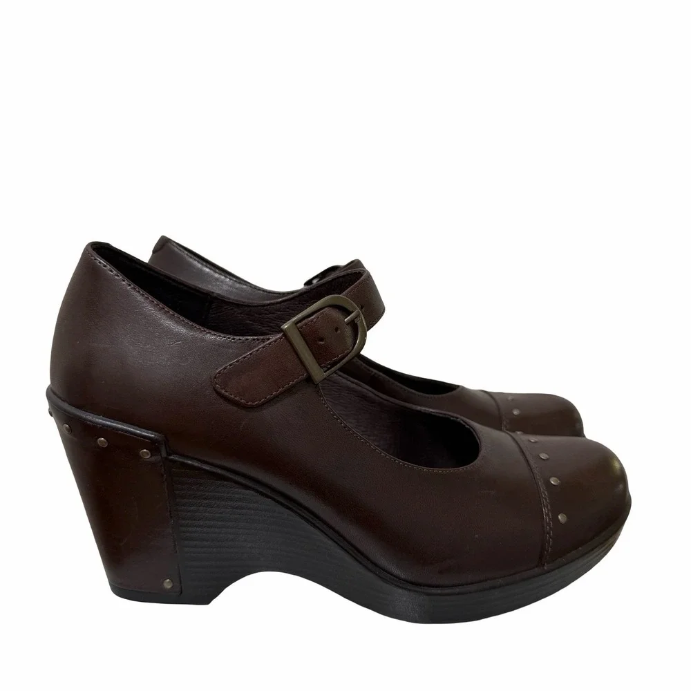 Dansko Leather Mary Jane Platform Wedge Womens EU 38 US 7.5-8 Brown Studded Clog